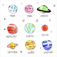 Vector hand drawn watercolor planets collection. © FuHonra