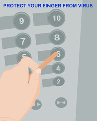 Vector picture show how avoid finger for press elevator floor by use stick of wood instead finger .vector illustration 