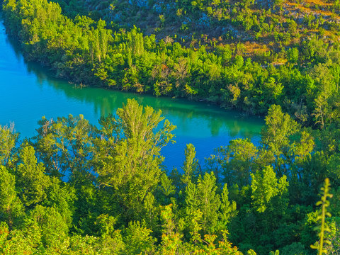 Aerial view of the Brljan lake detail located downstream of Bilusic buk on the exit from canyon of Krka River.
