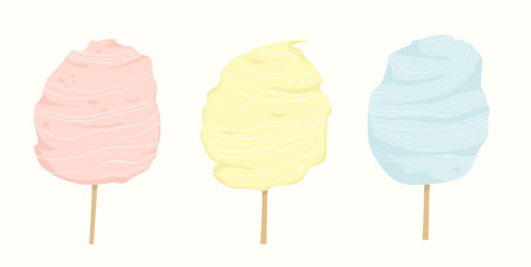 Cotton candy in different colors pink, blue and yellow. Fair sweet street food for kids made with sugar. Flat style hand drawn vector design.