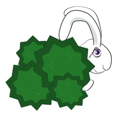 a rabbit with a monocle hides behind a Bush. cute children's illustration. flat design. horizontal. white background
