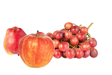 red apples and a ripe juicy bunch of grapes isolated on white background