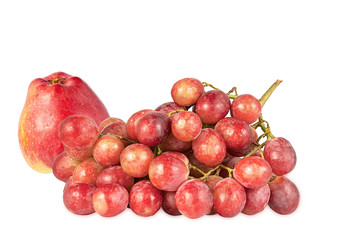 ripe juicy bunch of grapes and red apple isolated on white background