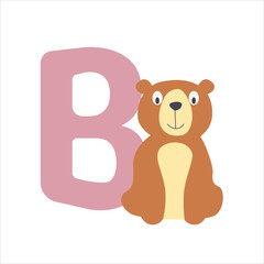 Letter B with a cartoon bear from cute animal alphabet series A-Z. Pre school study. Flat vector illustration.