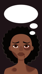 Sad african woman with bruises and speech bubble on dark background.Concept of domestic violence,sexual abuse in family, bullying,aggression women.Vector cartoon illustration.Story format social media
