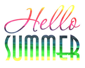 illustration, colored text, text with colored texture in bright watercolor colors, hello summer