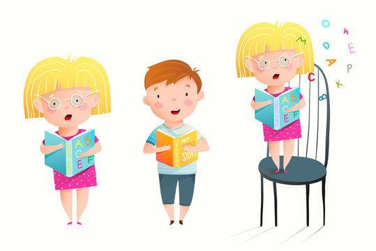 Cute children reading books isolated cartoon clipart. A boy and a girl standing with books open, talking, reading aloud. Watercolor style vector cartoon illustration for kids.