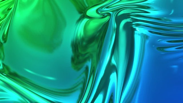 Animated blue green metalic gradient in 4k. 3D render of wavy cloth surface that forms ripples like in liquid metal surface or folds in tissue. Abstract foil forms folds in slow motion. 13