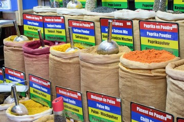 Sack of different  fresh spices in the market place, Port Luis, Mauritius