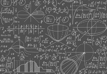 Math educational vector seamless pattern with handwritten geometry figures, calculations and equations, "handwritten with chalk on grey blackboard" effect