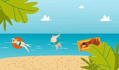 Obraz na płótnie Canvas Bodypositive people in summer swimming in sea, beach, seaside, body positive movement and beauty diversity, fat men and women flat vector illustration. Love your body, overweight.