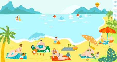 Naklejka na ściany i meble Body positive people on sea beach resort in summer in swimsuits sun bathing on sand, palms and yachts in sea flat vector illustration. Beach overweight people on sea resort vacation.