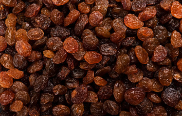 Raisins texture or background, top view close-up