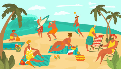Fototapeta na wymiar Body positive people on sea beach playing ball, sun bathing on sand, surfing and drinking coctails, palms flat vector illustration. Body positive people on sea resort vacation leisure.