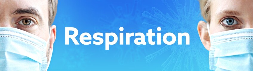 Respiration. Gesichter von Mann und Frau mit Mundschutz. Paar mit Maske vor blauen Hintergrund mit Text. Virus, Atemmaske, Corona