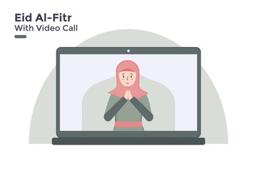 vector flat illustration eid al fitr mubarak with online video call teleconference telecommunications technology concept. woman greeting happy ramadan day in live streaming internet. banner website ui