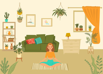 Young woman in yoga pose at home meditating cartoon vector illustration, girl performing aerobics exercise and morning meditation. Physical and spiritual yoga practice at home, lotus position.
