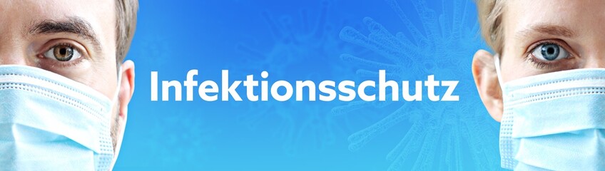 Fototapeta premium Infektionsschutz. Gesichter von Mann und Frau mit Mundschutz. Paar mit Maske vor blauen Hintergrund mit Text. Virus, Atemmaske, Corona