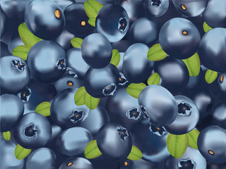 Background blueberry. Freshly picked blueberry with green leaf. Organic food.Texture blueberry. Useful ripe blueberry rich vitamins. 3D realistic illustration
