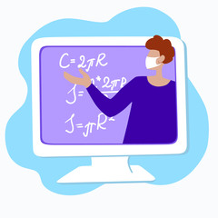  Teacher in a protective face mask on the monitor screen.  E-learning on quarantine. Lecture or webinar for online education. Stock vector flat illustration isolated on white background.