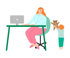 Fototapeta premium Young freelance woman working at home with her little children. Vector illustration in cartoon style.
