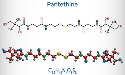 Pantethine, сo-enzyme pantethine, bis-pantethine molecule. It is is dimeric form of pantetheine. Is supplement for lowering blood cholesterol. Structural chemical formula and molecule model
