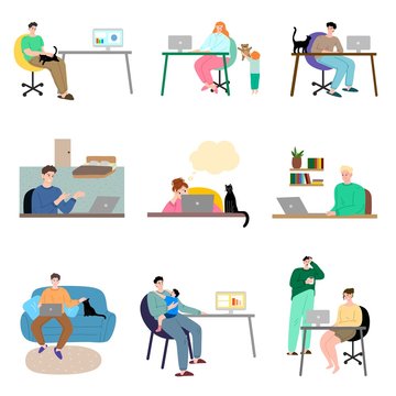 Set of freelance men and women working at home on the laptop. Vector illustration in the flat cartoon style.