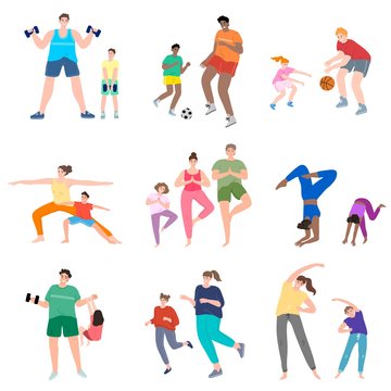 Set of different family sports activities. Vector illustration in flat cartoon style.