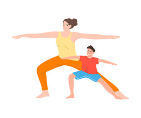 Fototapeta na wymiar Happy smiling mother and son doing yoga exercise together. Vector illustration in cartoon style.