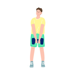 Happy smiling boy exercising with dumbbells. Vector illustration in cartoon style.