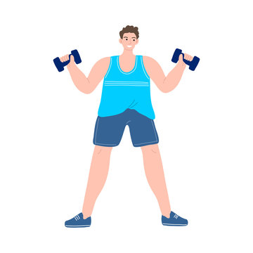 Happy smiling man in blue shorts exercising with dumbbells. Vector illustration in cartoon style.