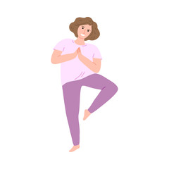 Obraz na płótnie Canvas Happy smiling girl in pink clothes doing yoga asana exercise tree pose. Vector illustration in cartoon style.