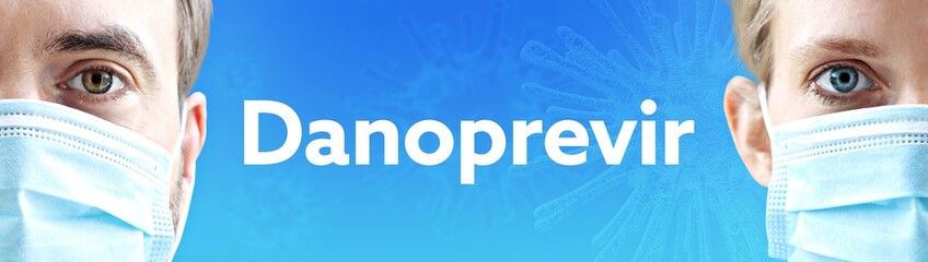 Danoprevir. Gesichter von Mann und Frau mit Mundschutz. Paar mit Maske vor blauen Hintergrund mit Text. Virus, Atemmaske, Corona