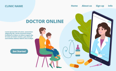 Online doctor appointment, little patient with mother at consultation medicine in phone web site template cartoon vector illustration. Doctor online treatment or diagnosis service.