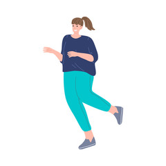 Happy smiling brown-haired girl running in a blue shirt. Healthy lifestyle. Vector illustration in cartoon style