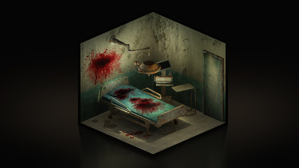 Horror and creepy abandoned operating room in the hospital with blood. 3d illustration Isomatric.