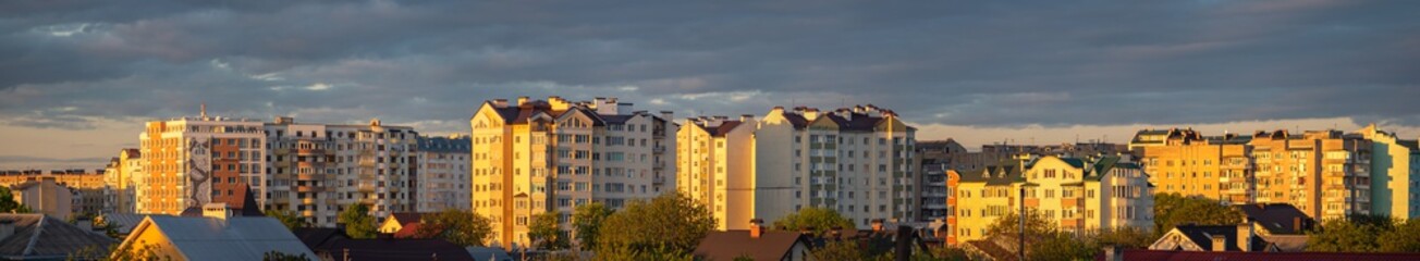 Panorama of the Ukrainian city on a summer evening
