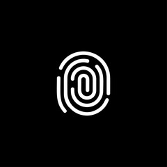 Fingerprint identification app scanner logo. White thumbprint verification, biometric identity system logotype. Electronic security service vector illustration. FBI, police evidence data icon.