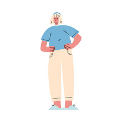 Happy overweight blond-haired man standing in white pants and a blue t-shirt. Vector illustration in cartoon style.