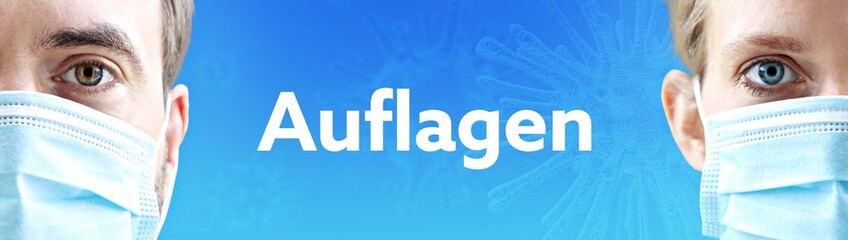 Auflagen. Gesichter von Mann und Frau mit Mundschutz. Paar mit Maske vor blauen Hintergrund mit Text. Virus, Atemmaske, Corona