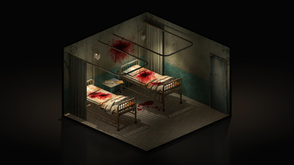 Horror and creepy ward room in the hospital with blood. 3d illustration Isomatric.