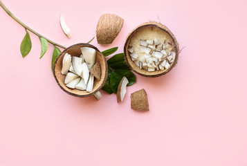 Coconut cut into pieces, coconut shavings, a branch of green leaves lies on a pink background. View from above. Place for text. Flat lay