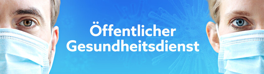 Öffentlicher Gesundheitsdienst. Gesichter von Mann und Frau mit Mundschutz. Paar mit Maske vor blauen Hintergrund mit Text. Virus, Atemmaske, Corona