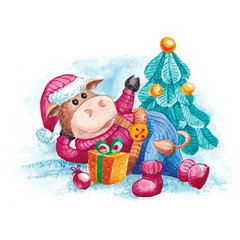 Symbol of 2021 year. Year of the bull. Funny calf lies under the Christmas tree with gifts.  Watercolor illustration isolated on white.