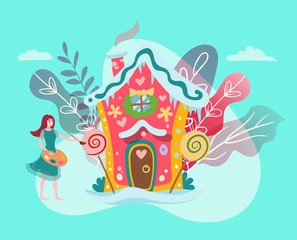 Fantastic house in fairy forest, fantasy world, fairytale and girl artist painting cartoon vector illustration isolated on white. Home for fantastical fairy creatures, dreams and magic land for kids.