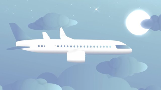 airplane aircraft airline flight fly cloud night sky star moon cartoon animation 3D loop