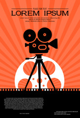 Film strip on the way with silhouette of cinema projector on a tripod and film roll. Cinema background. Retro movie festival template for banner, flyer, poster with place for text. Movie time concept