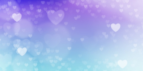 Glowing soft purple blue and pink bokeh background. Spring concept. Blurred bokeh hearth shapes.