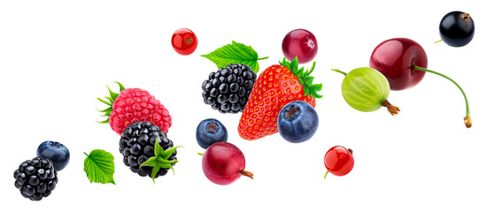 Falling berries collection isolated on white background