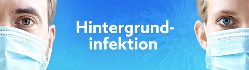 Hintergrundinfektion. Gesichter von Mann und Frau mit Mundschutz. Paar mit Maske vor blauen Hintergrund mit Text. Virus, Atemmaske, Corona